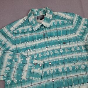 Roughrider Western Shirt Womens Large Teal Pearl Snap Circle T Long Sleeve EC